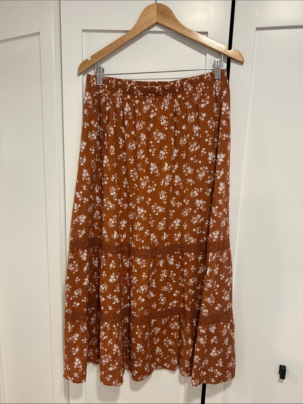 Rust Floral Tiered Maxi Skirt with Elastic Waist